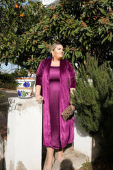 Chaqueta Terciopelo Candela color Buganvilla de la Marca Corintia invitada tallas 48 y 52 en corte midi