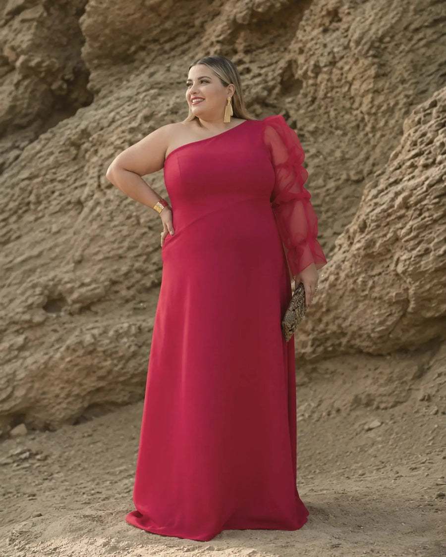 Vestido largo rojo talla grande de un hombro, manga de tul, fondo de acantilado