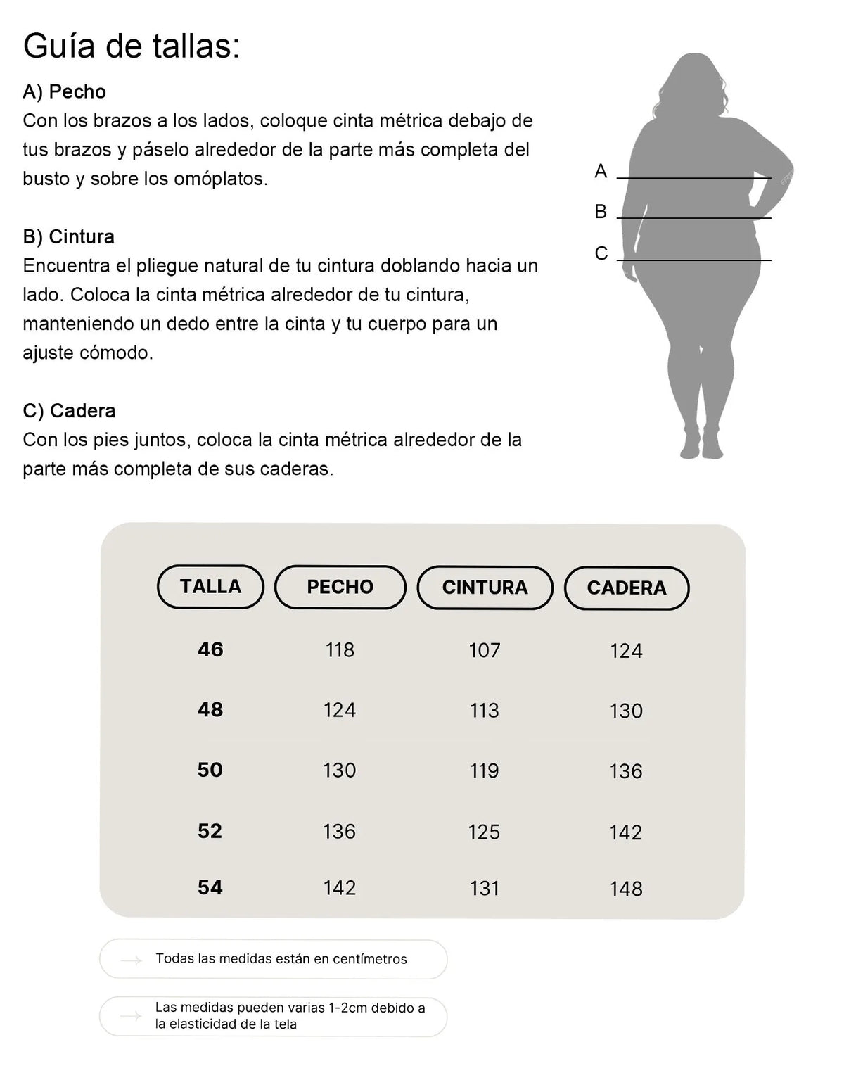Tabla de tallas Corintia para invitadas de talla grande