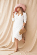 Vestido crepe elástico talla grande blanco,  perfecto para mamá de comunión.