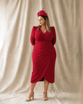 Vestido rojo talla grande de manga abullonada y escote cruzado en V