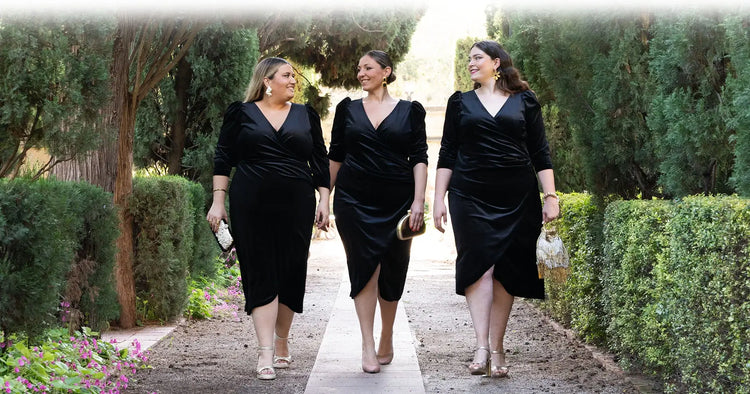 Vestido de terciopelo negro Irene llevado por tres modelos, donde se puede ver cómo queda en diferentes tipos de cuerpo y talla.