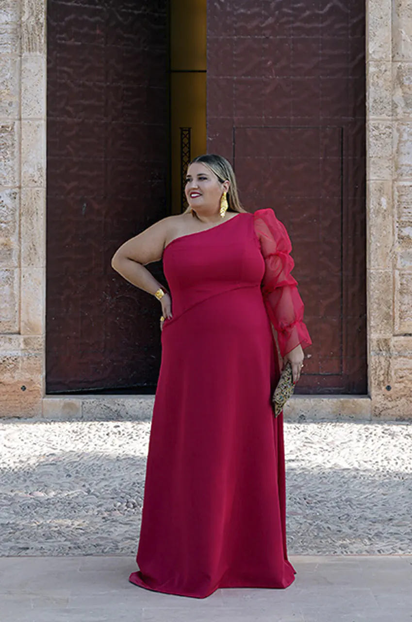 Vestido tallas grandes mujer de color rojo con una sola manga. 