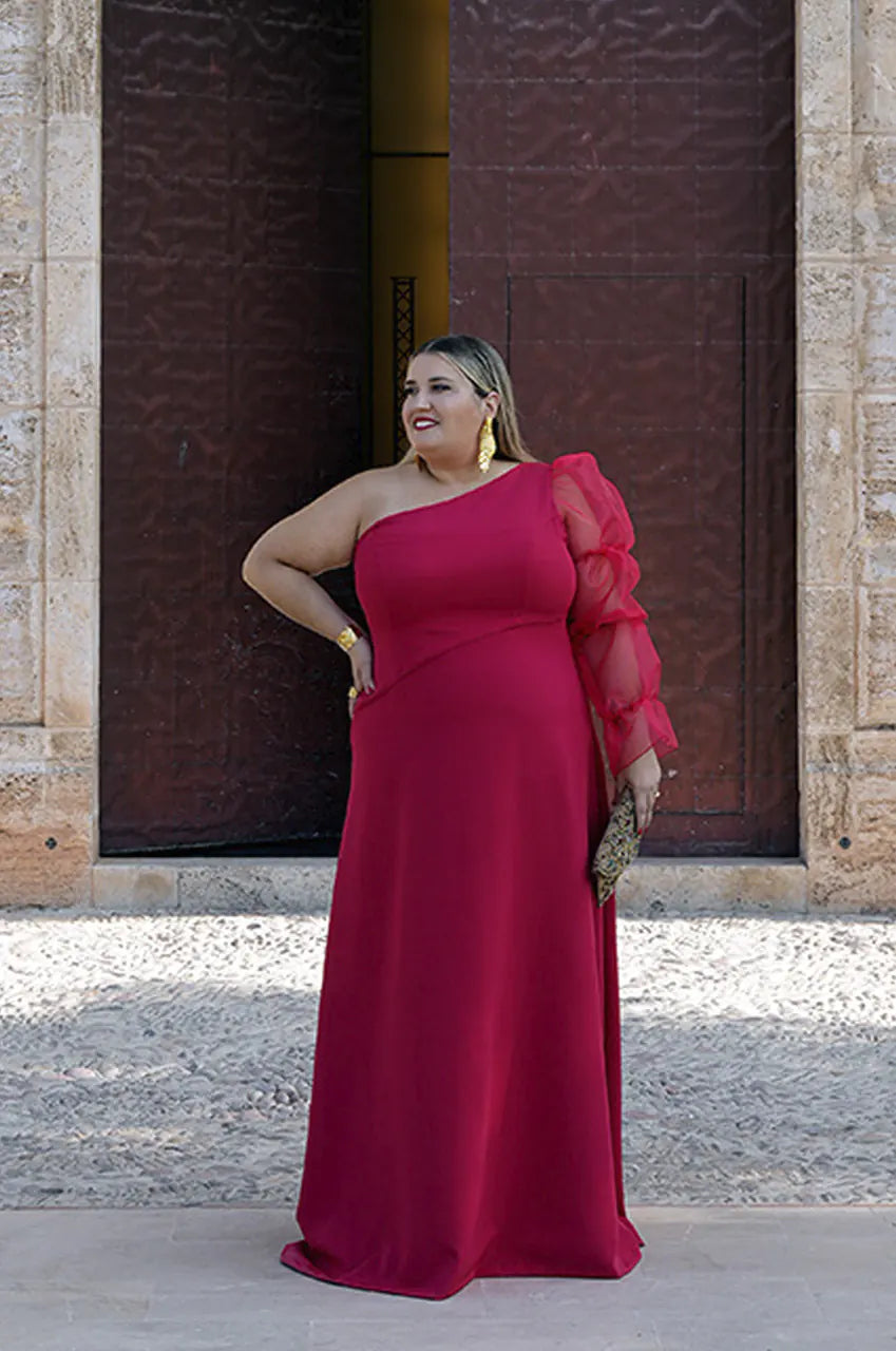 Vestido tallas grandes mujer de color rojo con una sola manga. 