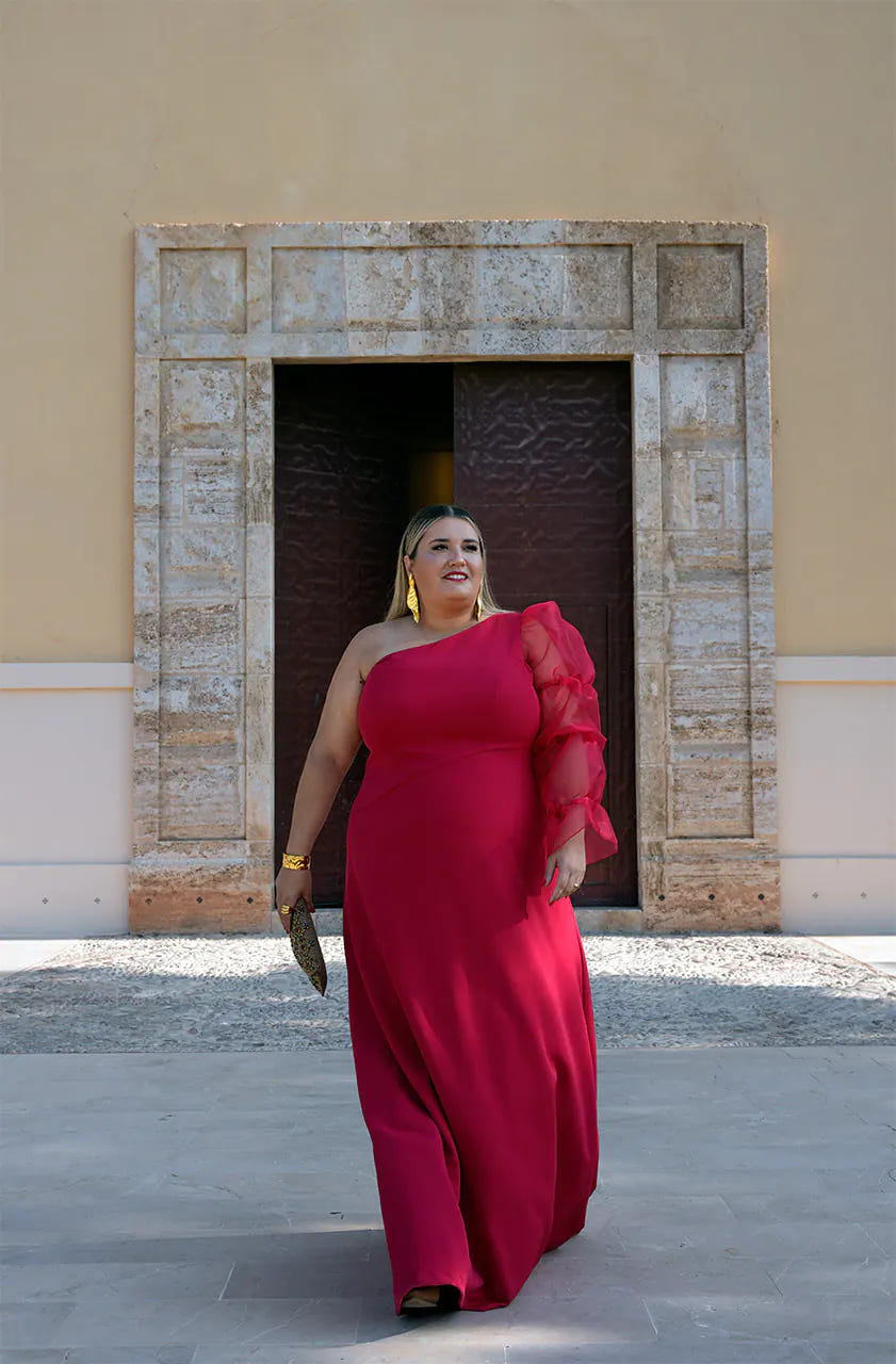 Vestido talla grande rojo de noche con manga abullonada de gasa