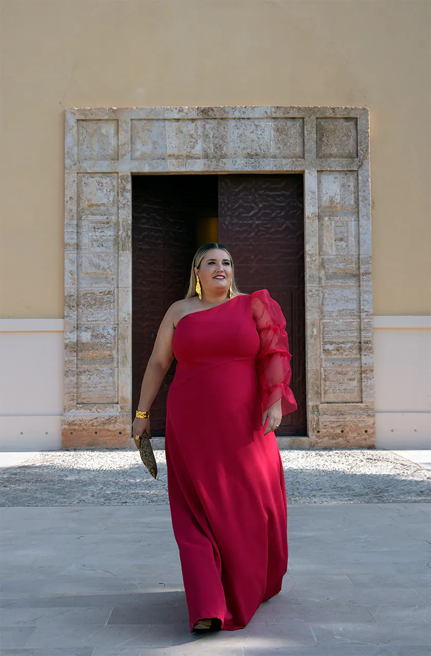 Vestido talla grande rojo de noche con manga abullonada de gasa