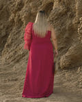 Vestido Jacinta rojo de un solo hombro, vista de espalda mostrando la manga de organza, talla grande