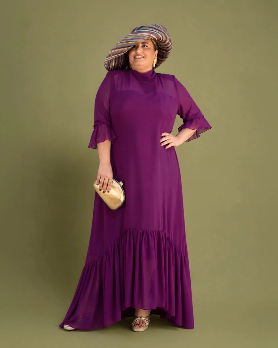Vestido Marina de gasa color buganvilla, vista frontal de cuerpo entero, talla grande